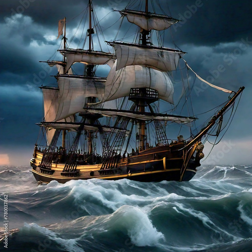 17th century Sailing ship in stormy sea in the evening. Digital painting. Illustration. photo