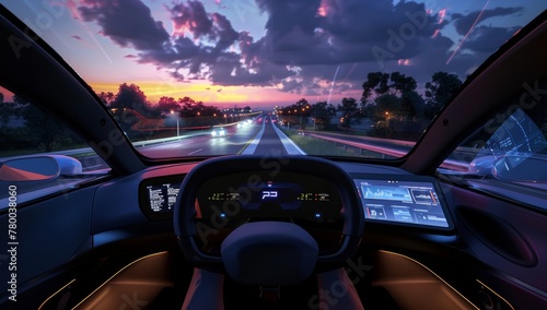 A car's interior is shown, with the steering wheel and dashboard in focus. The background shows an open highway under a cloudy dusk sky. Driving a a car, stopping at a stop light in evening dim light © MD Media