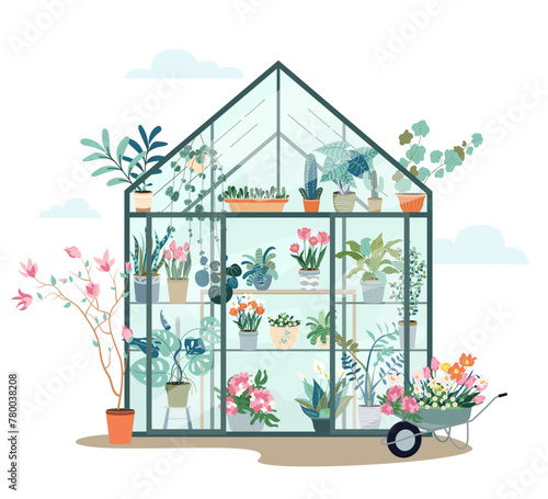 Composition with plants growing in pots or planters inside glass greenhouse. Vector flat illustration with cute orangery or botanical garden. Colored concept of home gardening Vector flat illustration