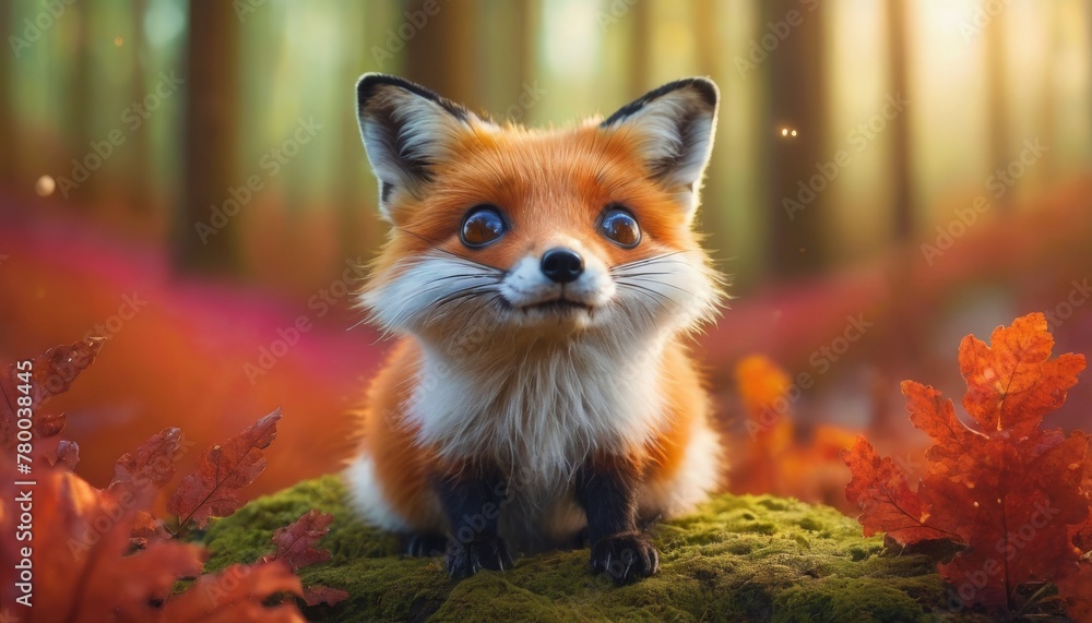 Fototapeta premium A bright-eyed fox looks up with curiosity in a magical autumn forest, surrounded by warm fall colors