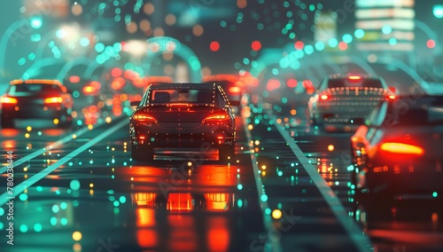 A car on the highway with glowing data lines around it. Dynamic Rear View of Car Traveling on Wet Road at Night with Light Trails. racing through neon city streets. Vibrant sleek automobile. photo