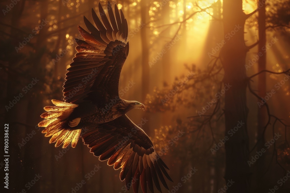 Fototapeta premium Majestic eagle soaring at sunset, in a forest background, Beautiful Eagle. Golden eagle head detail. Aquila chrysaetos.