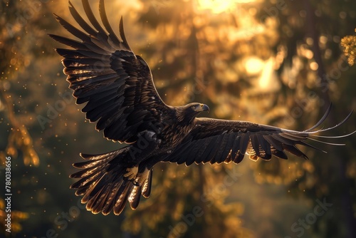 Majestic eagle soaring at sunset, in a forest background, Beautiful Eagle. Golden eagle head detail. Aquila chrysaetos. photo