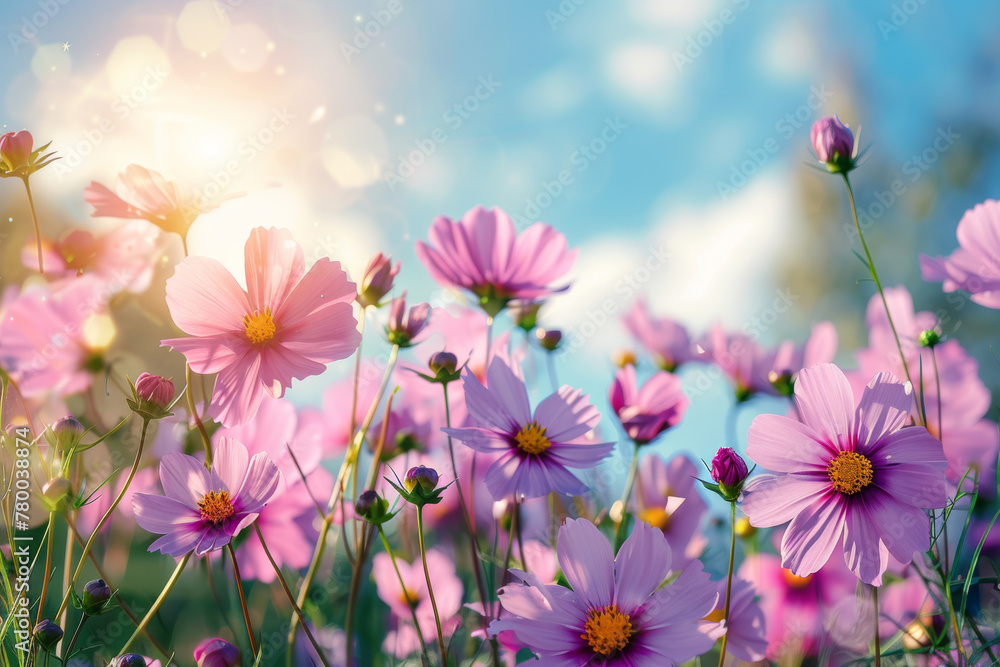 Pink Cosmos Flower in Spring with beautiful Bokeh effect 