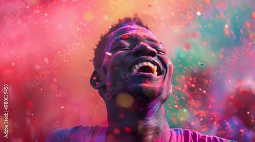 Cheerful african american man at the festival of colors Holi  Close-up of a man smiling joyfully  covered in vivid colors during Holi festival celebrations. 