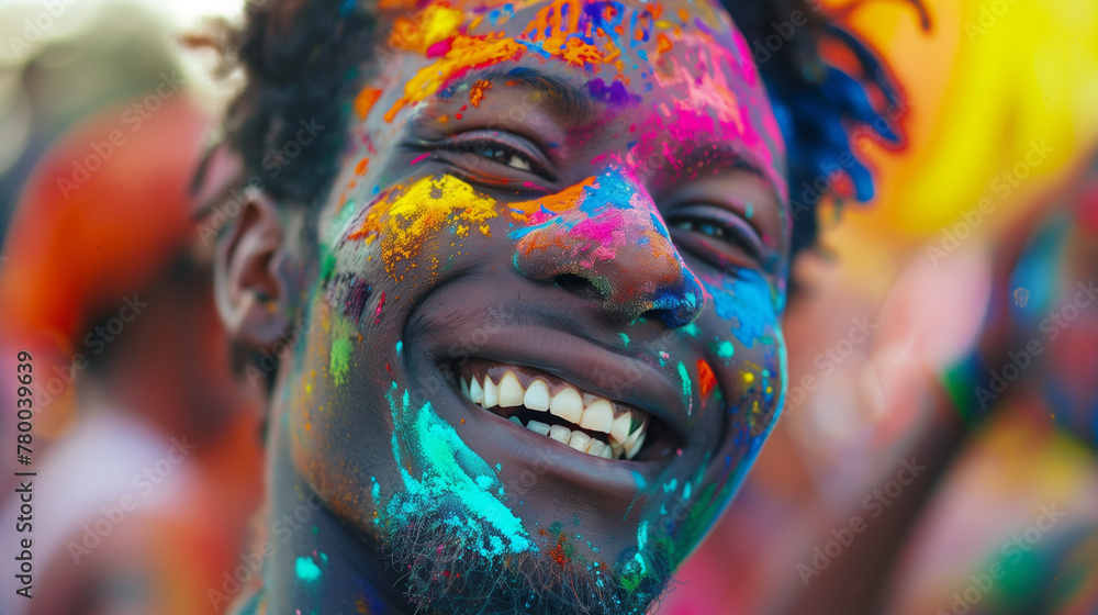 Cheerful african american man at the festival of colors Holi, Close-up of a man smiling joyfully, covered in vivid colors during Holi festival celebrations.
Cheerful african american man at the festival of colors Holi, Close-up of a man smiling joyfully, covered in vivid colors during Holi festival celebrations.