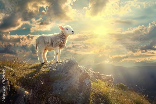 A white lamb stands on a hill in the rays of the sun, a symbol of Judaism. Generative AI