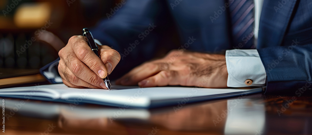 A businessman writing in his notebook with a pen at a wooden table in his office. Close up business view A businessman writing in his notebook with a pen at a wooden table in his office. Close up business view