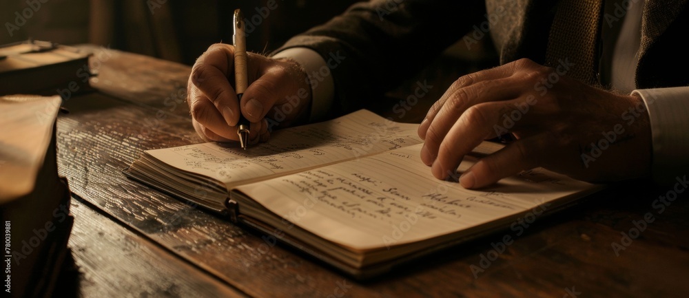 A businessman writing in his notebook with a pen at a wooden table in his office. Close up business view A businessman writing in his notebook with a pen at a wooden table in his office. Close up business view