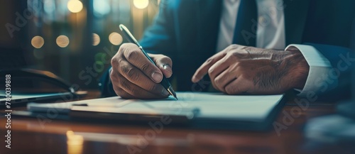 A businessman writing in his notebook with a pen at a wooden table in his office. Close up business view photo