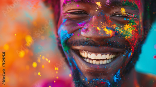 Cheerful african american man at the festival of colors Holi, Close-up of a man smiling joyfully, covered in vivid colors during Holi festival celebrations.
