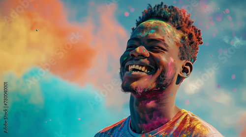 Cheerful african american man at the festival of colors Holi, Close-up of a man smiling joyfully, covered in vivid colors during Holi festival celebrations. 