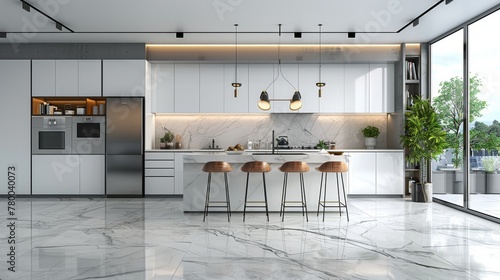 Elegant Kitchen With Marble Floors and White Cabinets