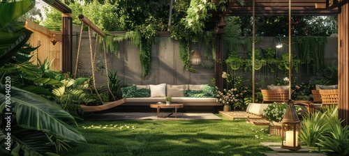 outdoor garden with wooden furniture lush green grass, in the backyard with green garden