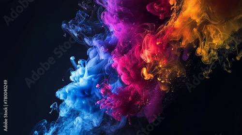 watercolor background abstract colorful dust splash cloud on black background. Launched colorful particles on background.