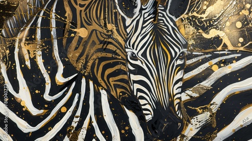 Abstract oil painting illustration showcasing striking zebra stripes adorned with intricate golden accents  evoking a sense of luxury and opulence.