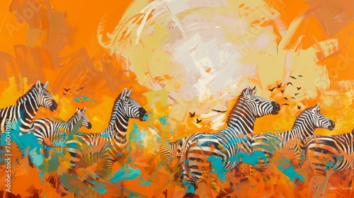 Abstract oil painting illustration portraying zebras roaming the African savannah  with the golden sun casting warm hues over the landscape and creating captivating patterns of light and shadow.