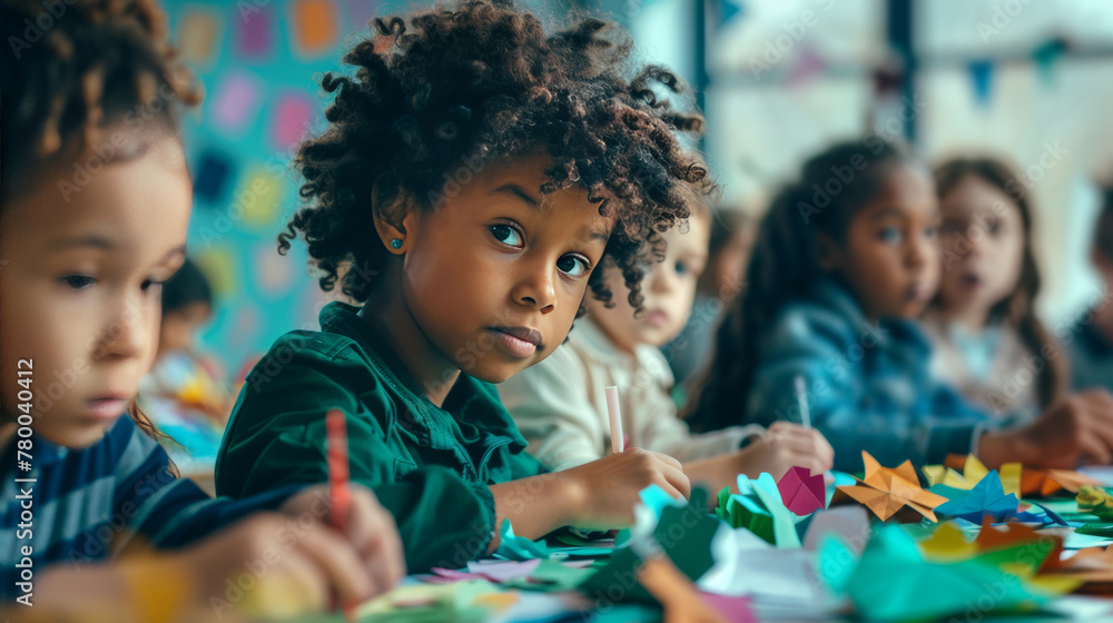 A diverse group of happy children sitting at a table in art class, painting and creating with paper collage and craft materials. A diverse group of happy children sitting at a table in art class, painting and creating with paper collage and craft materials.