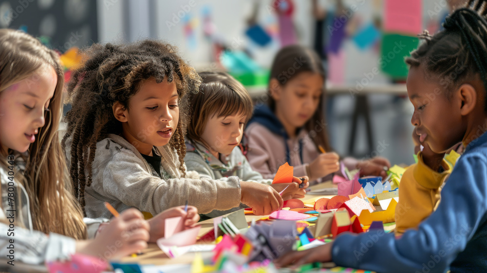 A diverse group of happy children sitting at a table in art class, painting and creating with paper collage and craft materials. A diverse group of happy children sitting at a table in art class, painting and creating with paper collage and craft materials.