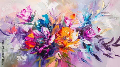Abstract oil painting illustration featuring a symphony of colorful flowers dancing across the canvas, with vibrant petals and swirling leaves. Incorporate shades of gold for a touch of elegance.