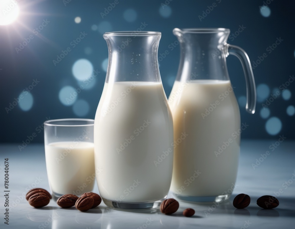 Pitcher of Milk and Glass of Almond Milk on Table Pitcher of Milk and Glass of Almond Milk on Table