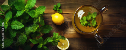 Mint Tea with fresh lemon on wooden board.