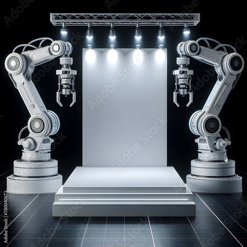 Futuristic podium with industrial robot arms in front of stage lights, display or showcase mockup for product presentation