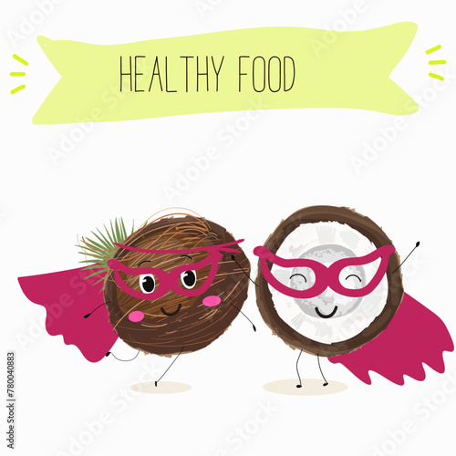 Cute coconut characters, funny fruits, characters with different activities. Flat vector illustration. Organic food, healthy food, illustrations for kids menu, invitations.