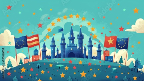 Construct a lively vector illustration depicting the celebration of Europe Day and Memorial Day