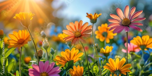 Colorful Flower Field With Background Sun