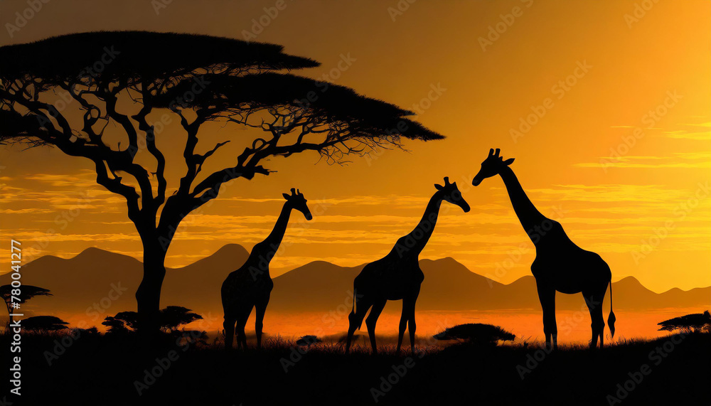 Majestic giraffes stand against a fiery sunset in the african savanna ...