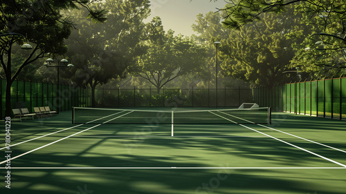 A tennis court with benches painting
