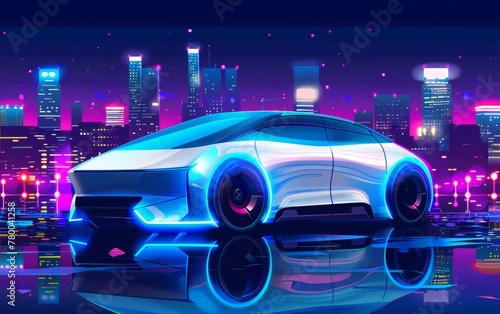 A sleek futuristic car gleams under neon lights in a vibrant cyberpunk cityscape  reflecting high-tech vibes and advanced urban design. Car