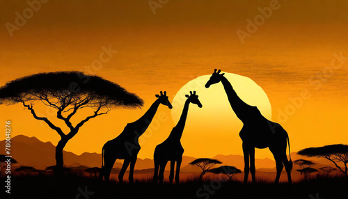 Serene silhouette of giraffes under an orange sky at sunset in the african savannah