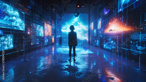 Person standing in front of wall of video screens