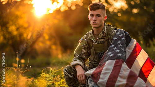 Soldier holding american flag in field photo