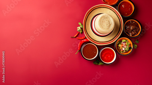 Red table covered with various sauces and condiments photo