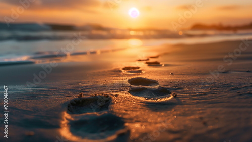 Footprints in the sand at sunset