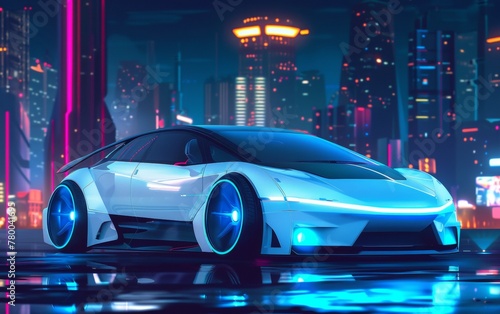 A sleek futuristic car gleams under neon lights in a vibrant cyberpunk cityscape  reflecting high-tech vibes and advanced urban design. Car