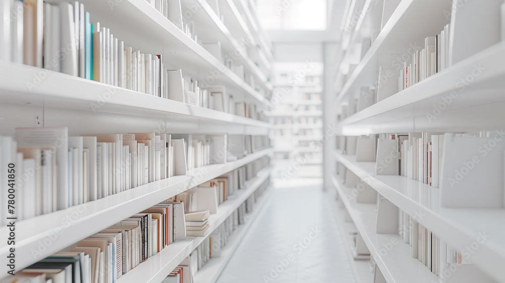 Fototapeta premium White library shelves filled with books