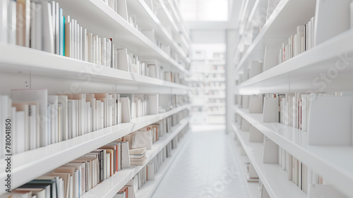 White library shelves filled with books