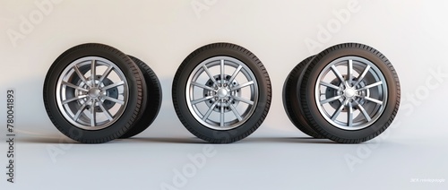 A set of three premium car tires with multi-spoke alloy wheels, viewed from the side to emphasize the tread depth and sidewall design, against a white background.
