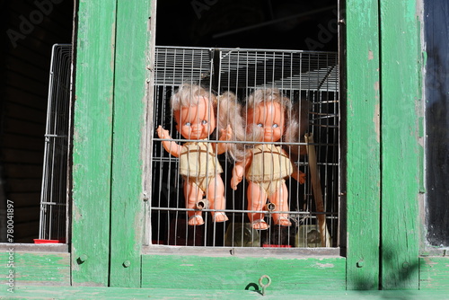 Spooky twin sister dolls looking through the window 