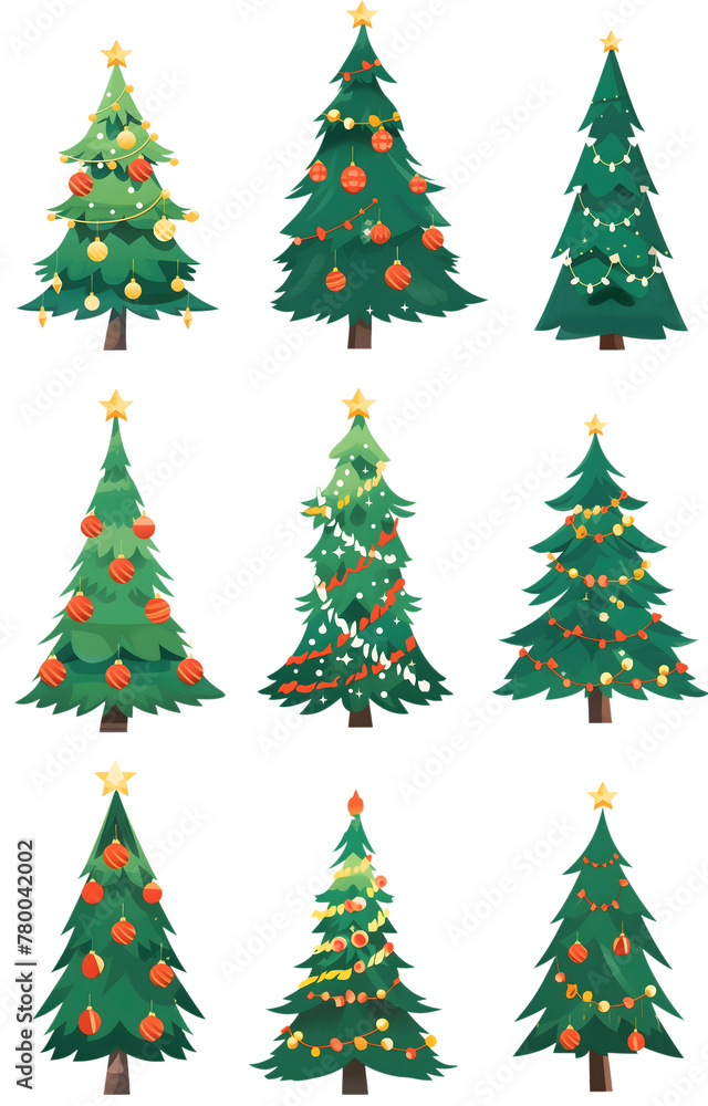 Festive Assortment of Christmas Tree Icons with Ornaments and Lights on Transparent Background