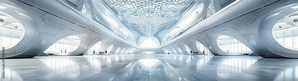 Obraz premium Modern Architecture with Bright Indoor Space, White Hall and Futuristic Design, Abstract Urban Perspective