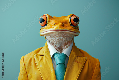 Portrait of an anthropomorphic frog in a yellow suit and blue tie. Generative AI