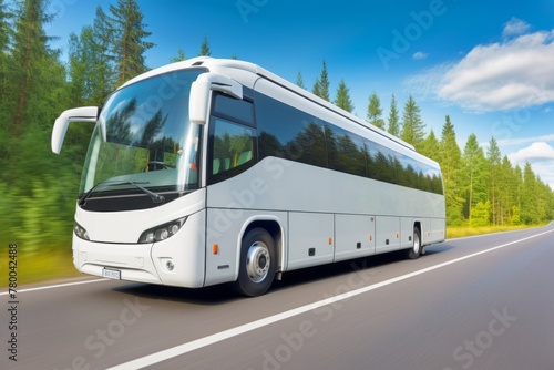 Touristic coach bus on highway road intercity regional domestic transportation driving urban modern tour traveling travel journey ride moving transport concept public comfortable passengers shuttle © Yuliia