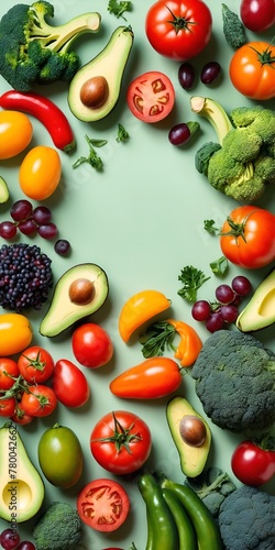 Variety of vegetables and fruits. Top view with blank copy space for text.