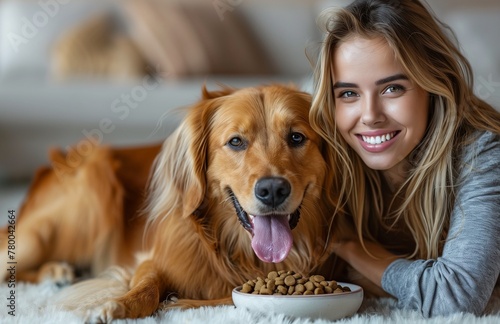 Woman sits on floor, side view, feeding her golden retriever with a bowl of food.