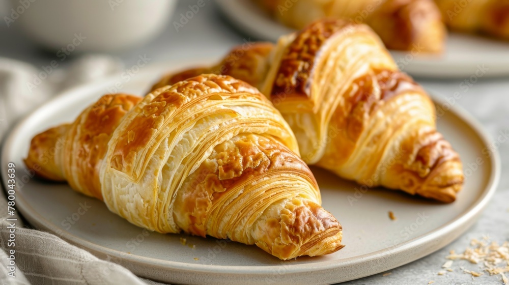 Golden Croissant on Plate with Flaky Texture and Butter Layers for French Breakfast